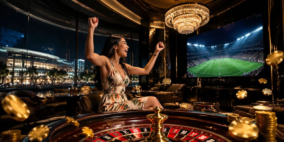 Model Vietnam berpose di meja roulette kasino malam hari